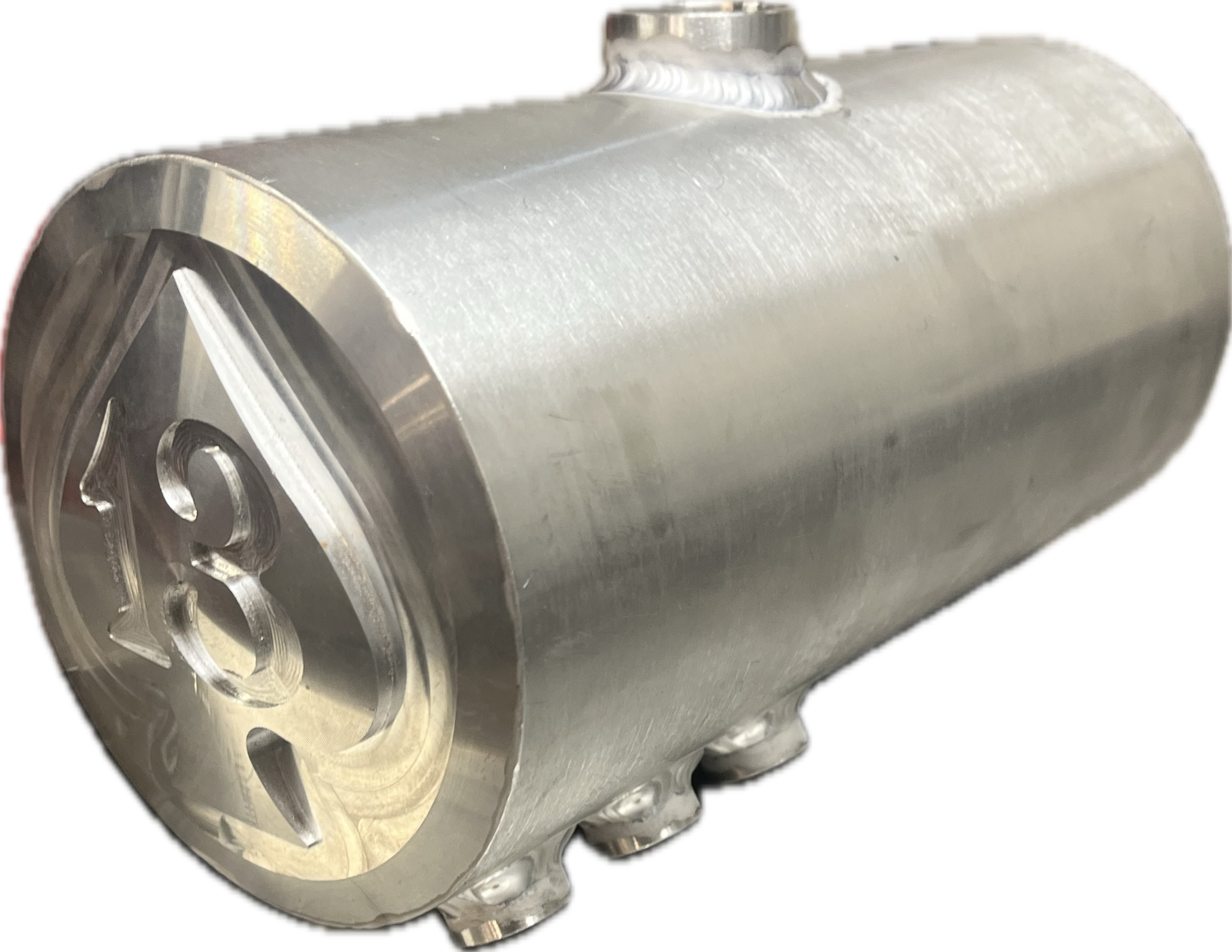 Custom round oil tank for Harley-Davidsons with a Spade and 13 CNC machined into the sides.