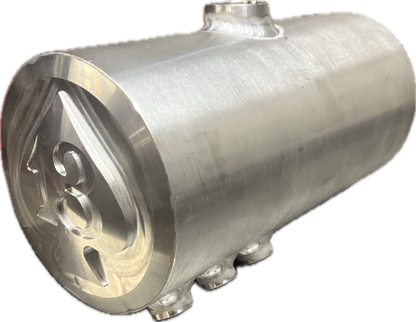 Custom round oil tank for Harley-Davidsons with a Spade and 13 CNC machined into the sides.